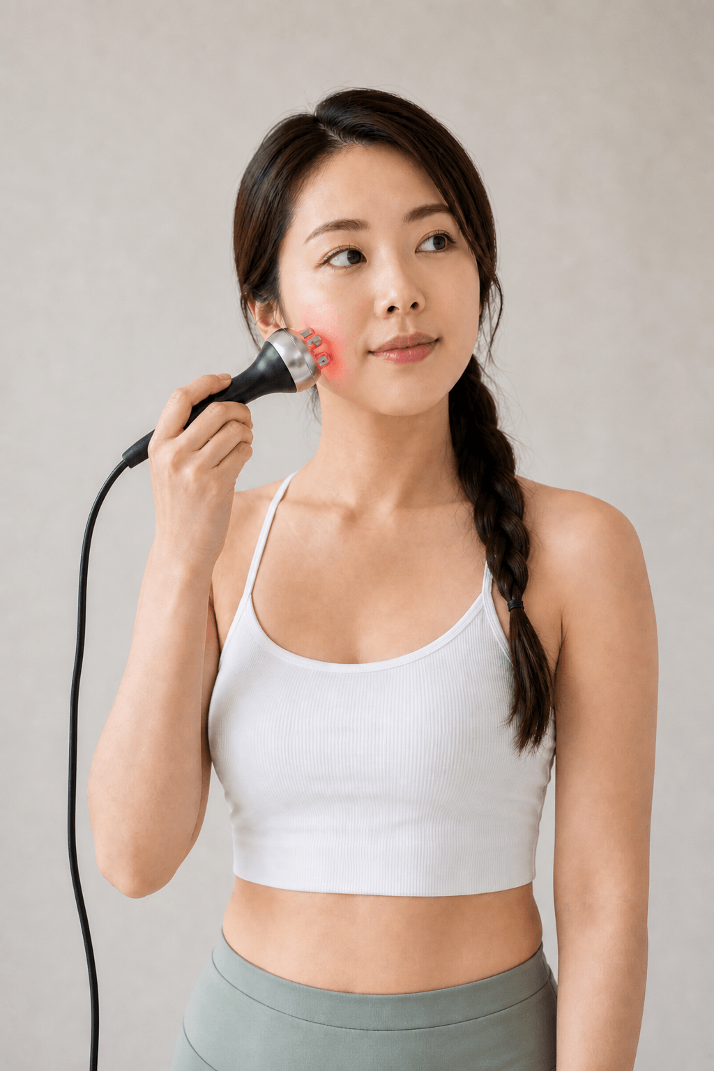 Lithe スタジオ内 — フェイシャルセルフエステ機器でケアを行う様子